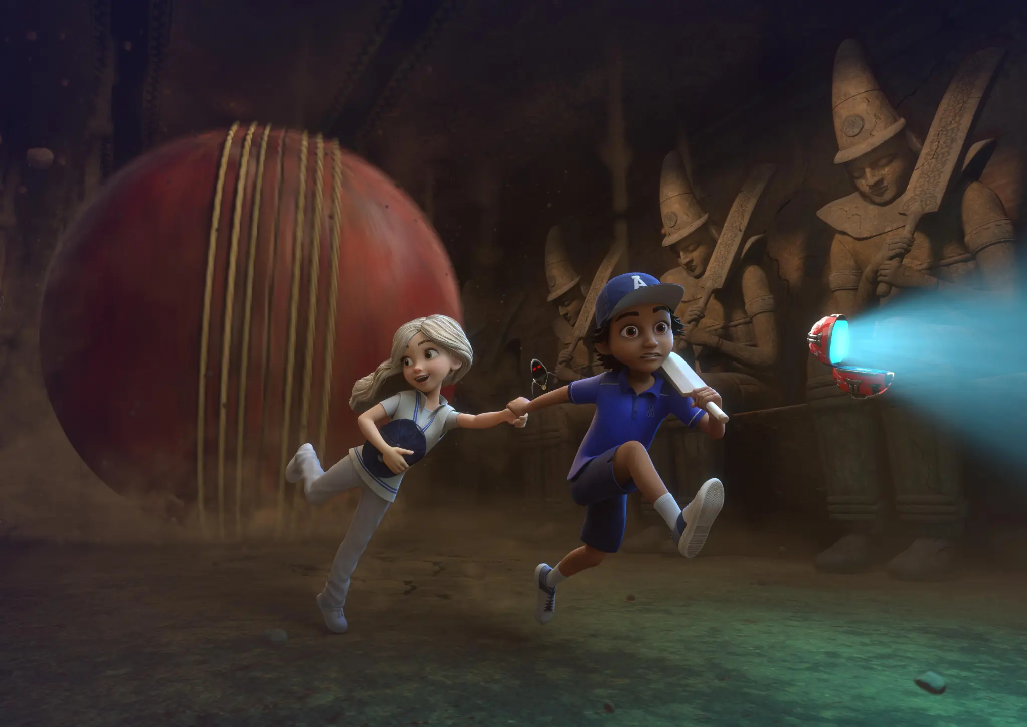 Snick and Willow race through a torchlit chamber ahead of a giant cricket ball.