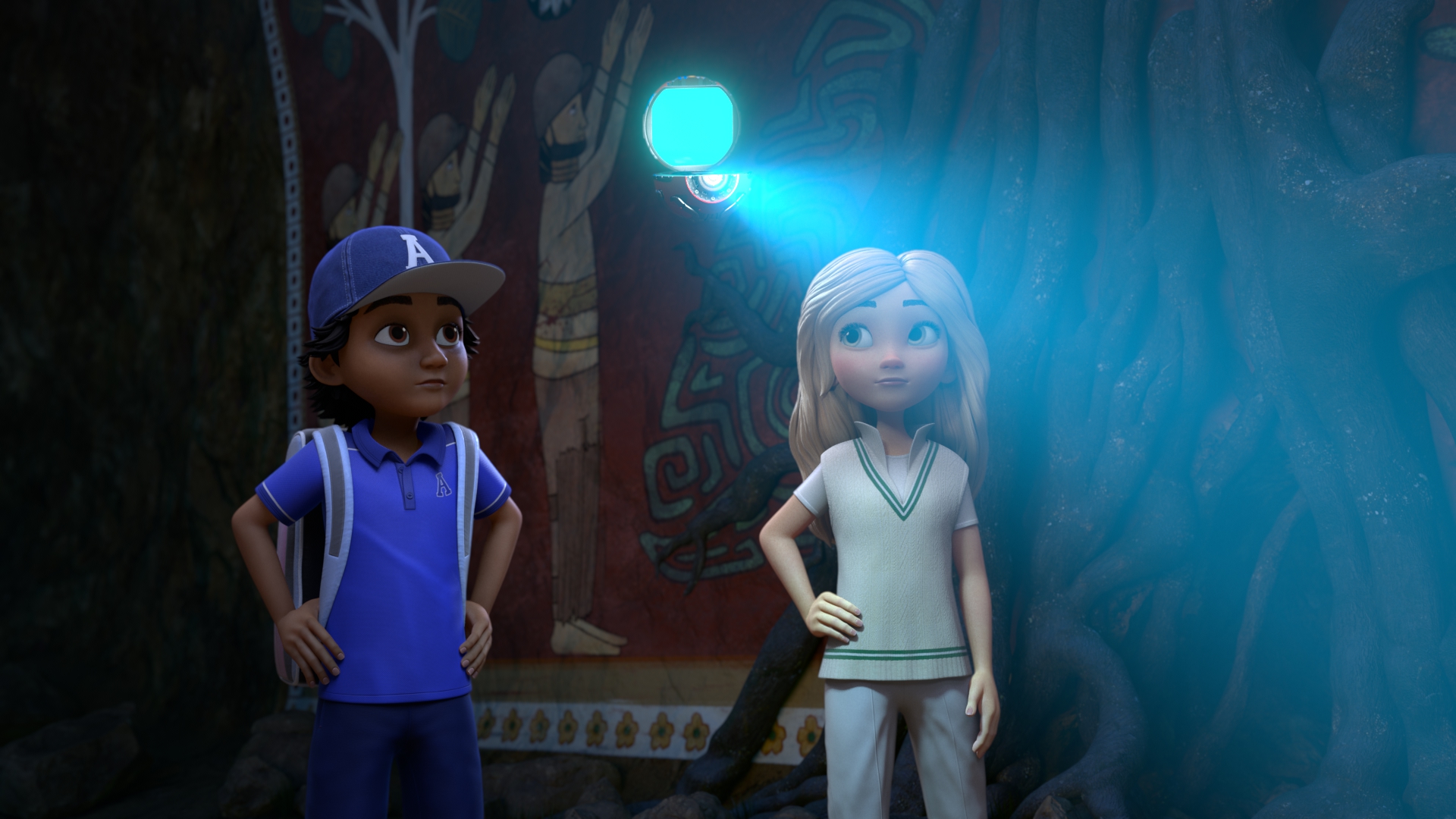 Snick and Willow explore a painted chamber beneath a bright blue light.