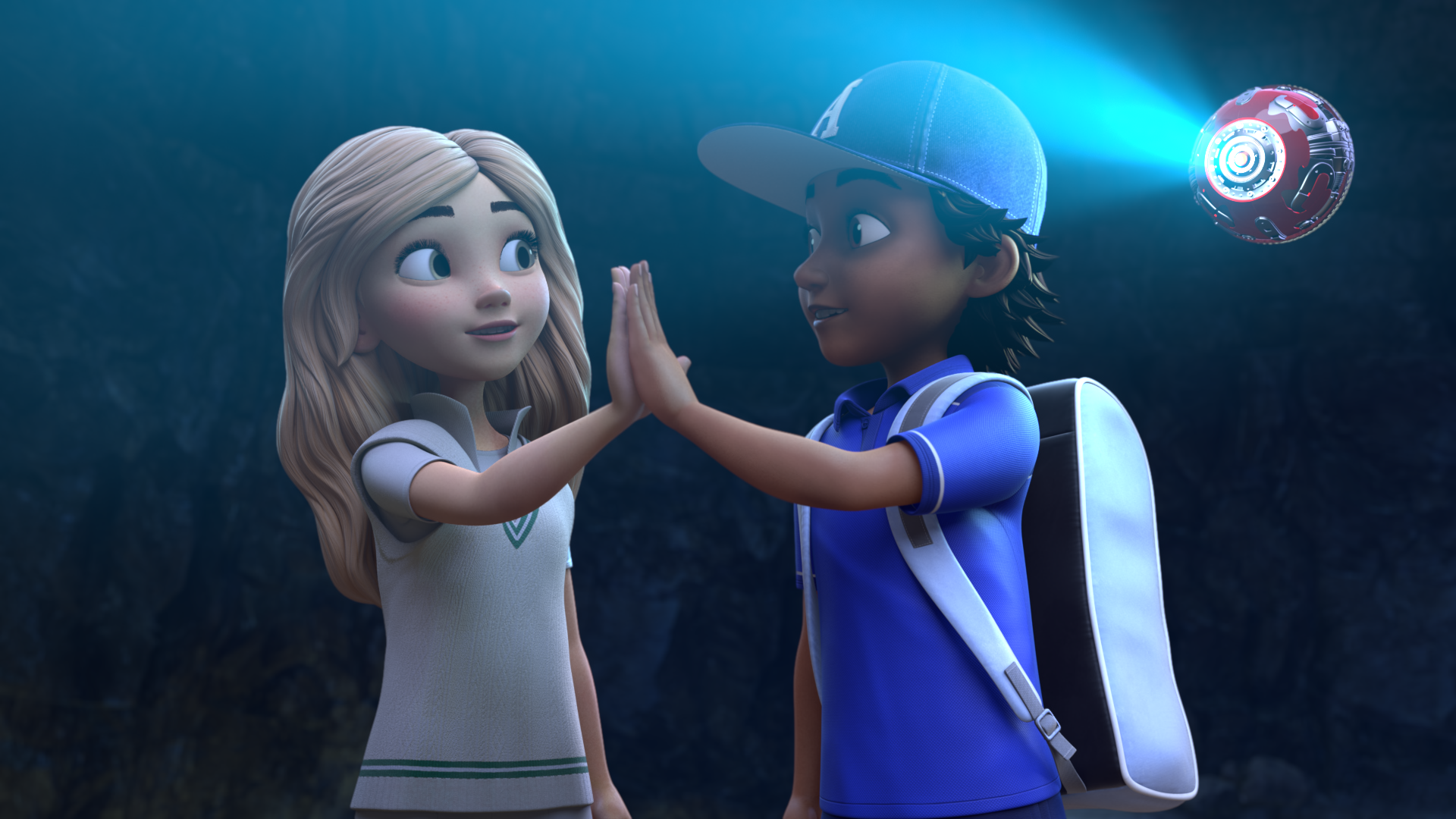 Snick and Willow high-five beside a glowing cricket ball in a dark chamber.