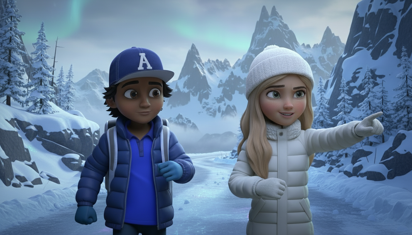 Snick and Willow stand together in a snowy mountain landscape.