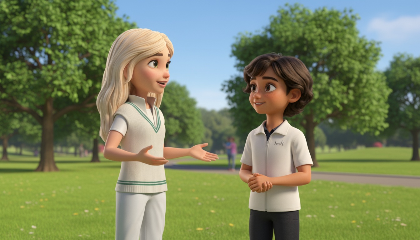 Willow and Indi talk together on a sunny cricket ground.